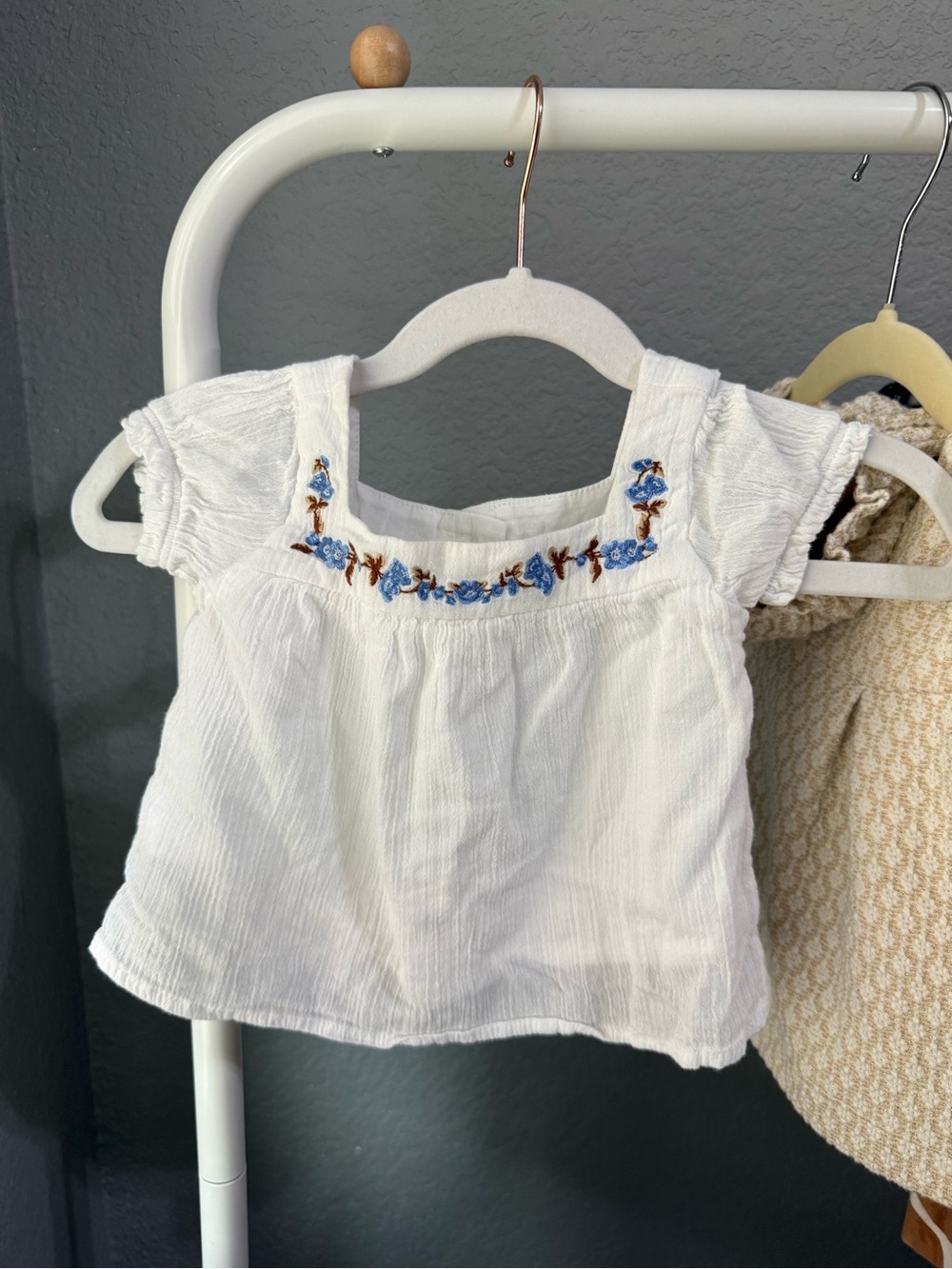 Janie and Jack White Cotton Top with Blue Floral Embroidery